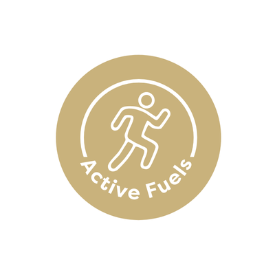 Gold circular logo with a white silhouette of a person running and 'Active Fuels' text on a beige background.