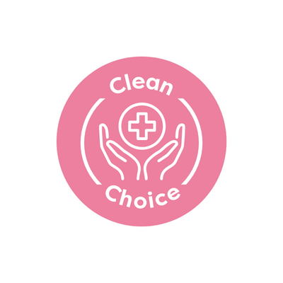 Pink circular logo with 'Clean Choice' text and hands holding a cross symbol on a white background