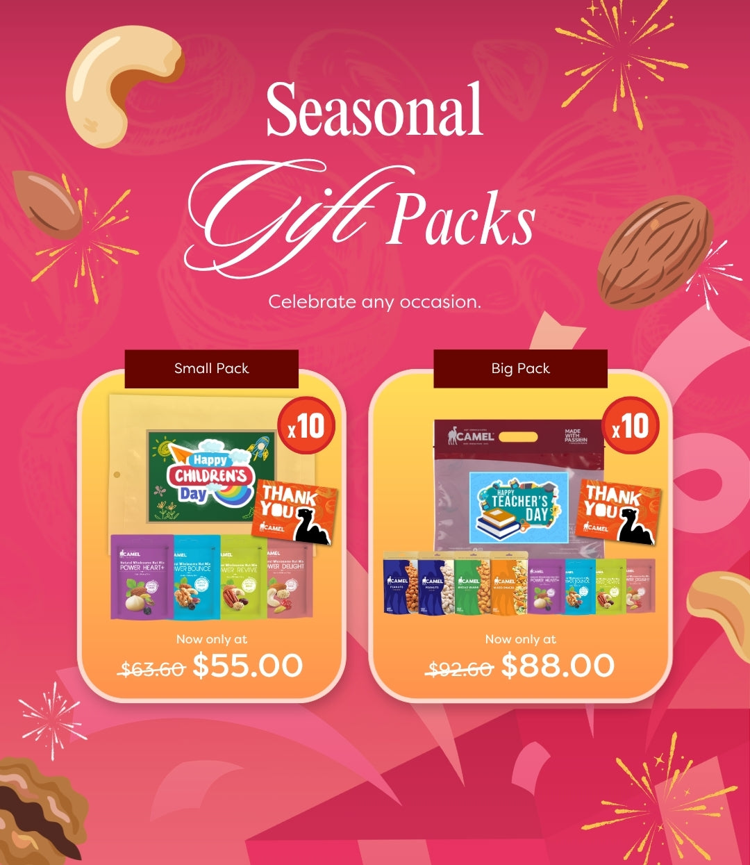 Celebrate the festive season with Camel Seasonal Gift Packs, thoughtfully curated with a delicious selection of premium nuts and wholesome snacks. Perfect for festive gifting, corporate gifts, party favours, staff appreciation, family gatherings and holiday celebrations, these ready-to-gift snack packs make it easy to share a little joy with everyone.