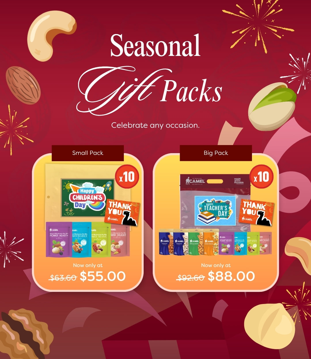 Celebrate the festive season with Camel Seasonal Gift Packs, thoughtfully curated with a delicious selection of premium nuts and wholesome snacks. Perfect for festive gifting, corporate gifts, party favours, staff appreciation, family gatherings and holiday celebrations, these ready-to-gift snack packs make it easy to share a little joy with everyone.