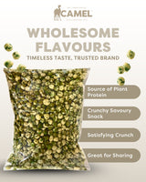 1kg packaging of Camel Nuts Coated Green Peas product benefits on a white background