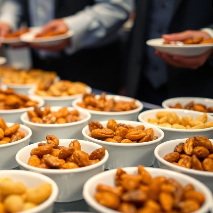 A corporate event snacks station with bowls of roasted peanuts and people in the background. Camel Nuts Singapore