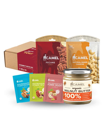 Camel brand products including pecans, cashews, pocketsize powerhouse, and walnut butter on a white background