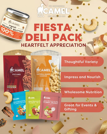 Camel Fiesta Deli Pack with various snack items and promotional text on a celebrative background.