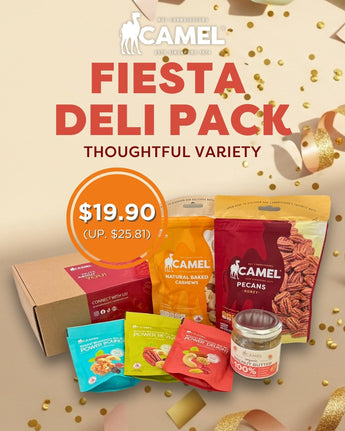 Camel Fiesta Deli Pack Promotion with various snack packages on a beige background