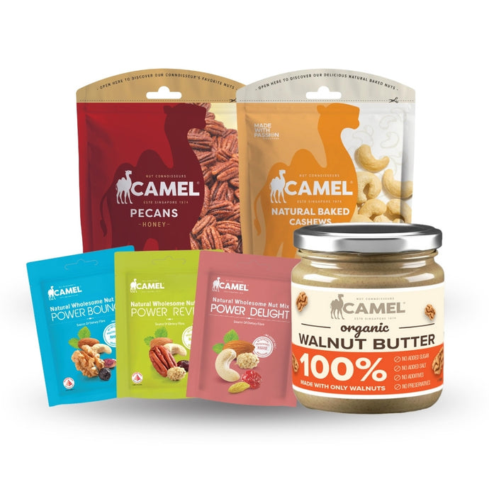 Camel brand products including pecans, cashews, power series snacks, and walnut butter on a white background
