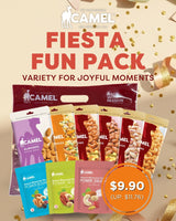 Camel Fiesta Fun Pack with various snack packages on a beige background