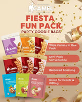Camel Fiesta Fun Pack party goodie bags with various snack types on a beige background.