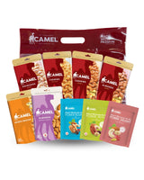 Camel brand mini snack packages including pistachios, cashews, almonds, and mixed snacks on a white background.
