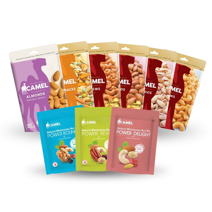 Camel Nuts mini packs for Fiesta Fun Pack Gift Bundle showing various nut mixes on a white background