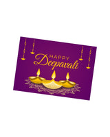 Purple card with gold diya illustrations and 'Happy Deepavali' text on a white background