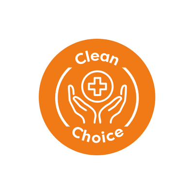 Logo with hands holding a cross inside an orange circle, labeled 'Clean Choice' on a white background.