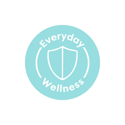 Logo for 'Everyday Wellness' with a shield symbol on a light blue circle.