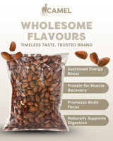 1kg pack of Honey almonds with Camel brand name and health benefits listed on a white background