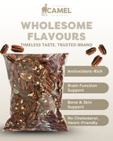 Bag of honey pecans from camel nuts with health benefits text on a white background