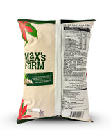Max's Farm spicy cassava chip bag with visible branding and nutritional information.