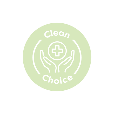 Green circular logo with 'Clean Choice' text and hand icon on a white background