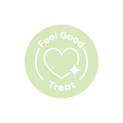 Logo with 'Feel Good Treat' text and a heart symbol on a light green circle.