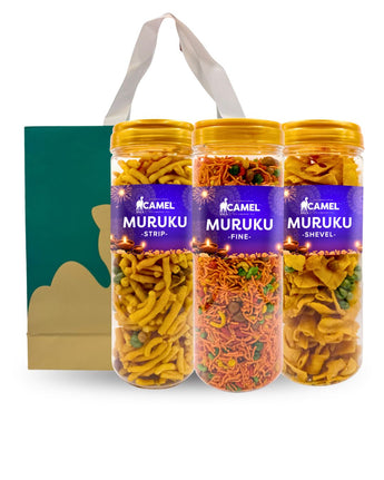 Three bottles of Camel Muruku festive bundle come with paper bag as seen in the background
