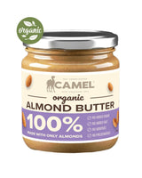Jar of Camel Organic Almond Butter with a visible 'organic' label on a white background