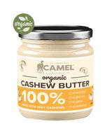 Jar of Camel organic cashew butter with a visible 'organic' label on a white background