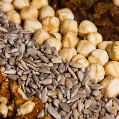Close-up of a mix of sunflower seeds, hazelnuts, and raisins. Camel Nuts Singapore