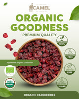 Camel Nuts Organic Cranberries, premium quality with certificate logos and healthy icons