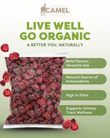 Camel Nuts organic cranberries and health benefits text such as bold flavour, versatile use, high fibre