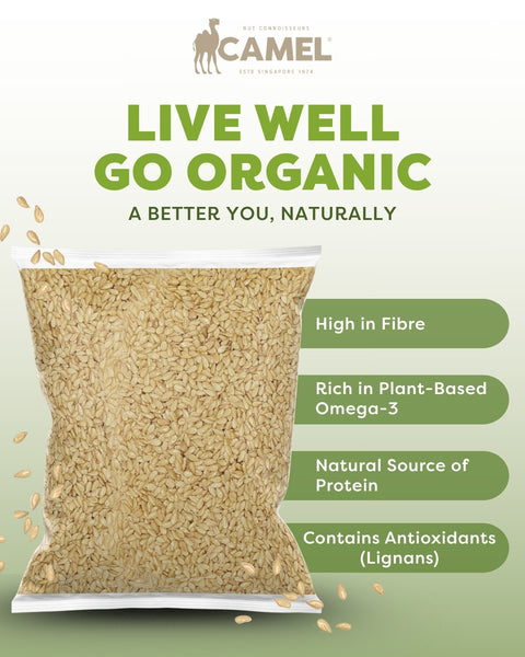 Camel Nuts organic golden flaxseeds and health benefits text