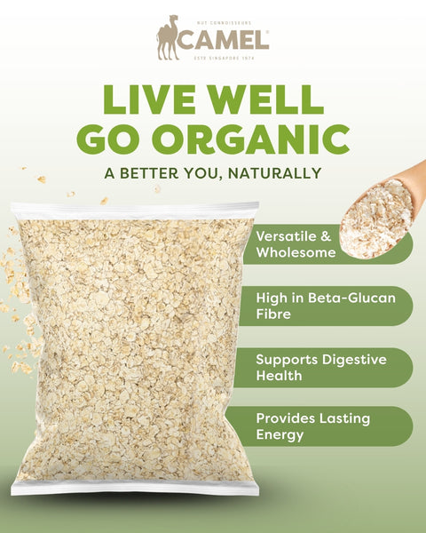 Camel Nuts Organic Instant oats with healthy benefits text such as versatile and wholesome, supports digestive health and provides lasting energy