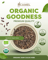 Camel Nuts Organic Raw Cacao Nibs premium quality, certification logos and additives free, no added sugar