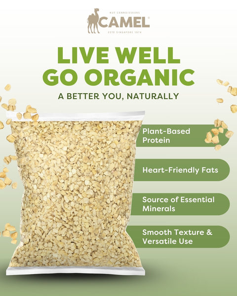 Package of Camel Nuts Organic Raw Cashews in small pieces. Plant-based protein, heart-friendly-fats. Source of essential minerals and smooth texture & verstile use
