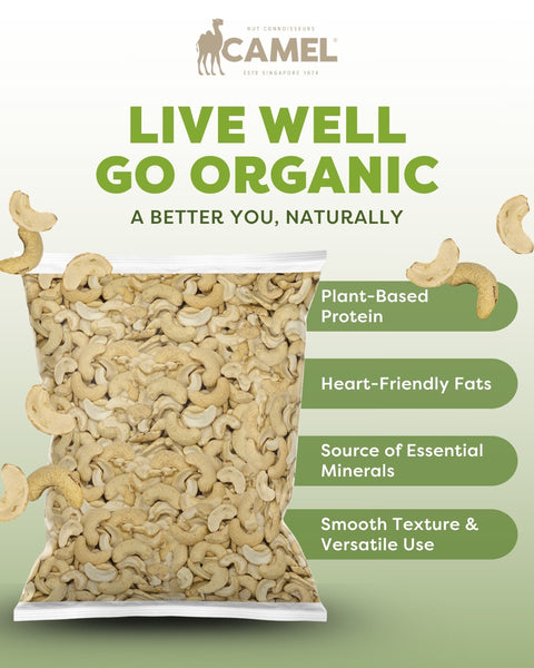 Live well go organic. A better you, naturally. 1kg bag of Camel Nuts cashews