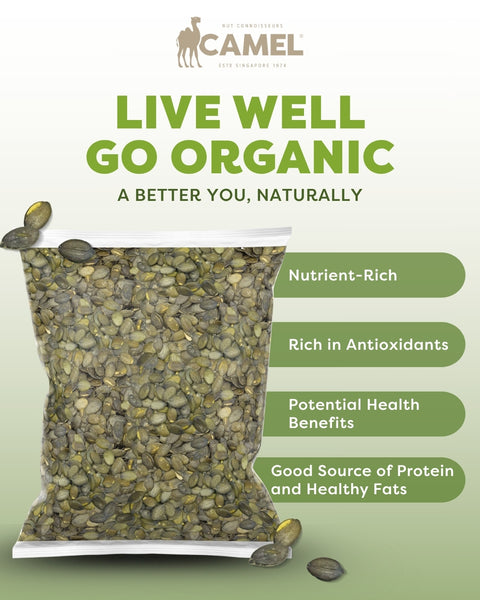 Bag of Camel Nuts Organic Raw Styrian Pumpkin Seeds with health benefits such as nutrient-rich, rich in antioxidants
