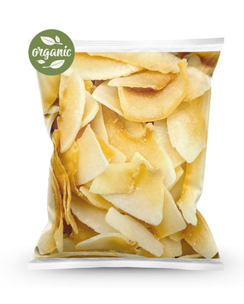 Camel Nuts organic toasted coconut chips with Organic label on a white background
