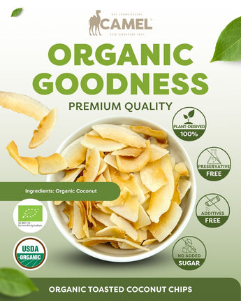 Camel Nuts Organic Toasted Coconut Chips, premium quality, with certificates logo and healthy icons
