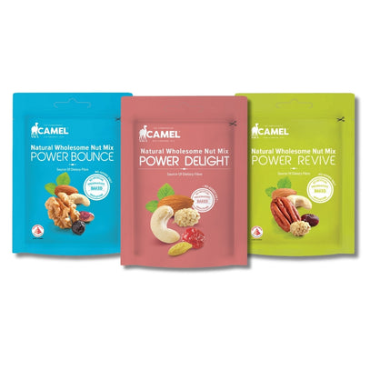 Power series by Camel nuts mix packages in blue, pink, and green on a white background