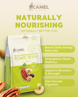Camel Power Revive nut mix packaging with product details on a light green background