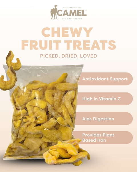 Camel Nuts' chewy fruit treat. Preserved Guava. Health benefits such as Antioxidant Support, High in vitamin C