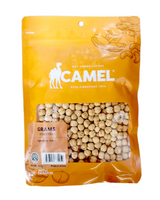 150g Packaging of Camel brand roasted grams (legumes), with the product visible through a clear window, set against an orange background.