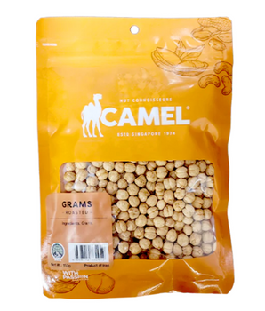 150g Packaging of Camel brand roasted grams (legumes), with the product visible through a clear window, set against an orange background.