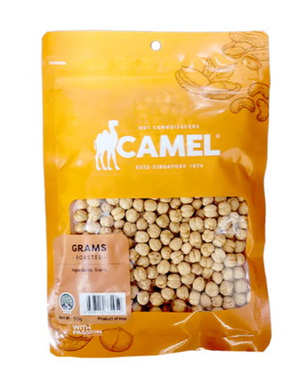 150g Packaging of Camel brand roasted grams (legumes), with the product visible through a clear window, set against an orange background.
