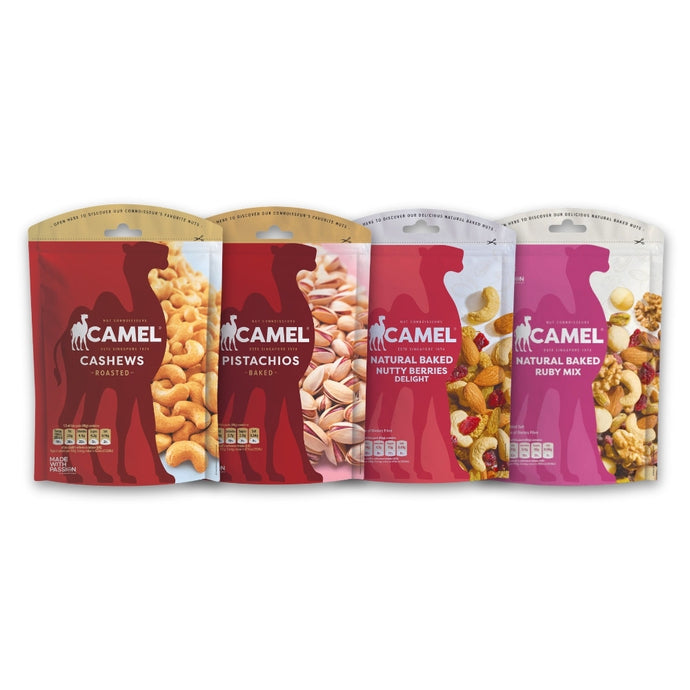 Four Camel Nuts packaging on a white background