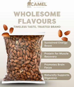 1kg Bag of smoked almonds with Camel brand name and health benefits listed on a light background
