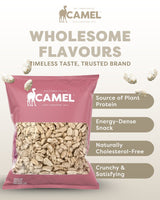A bag of 1kg Camel snack sugar peanuts with product benefits on a light background