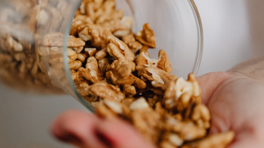 Camel Nuts Singapore walnuts being poured – Walnuts from a glass jar into a hand.