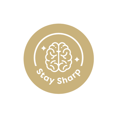 Logo with a brain illustration and 'Stay Sharp' text on a gold circle background