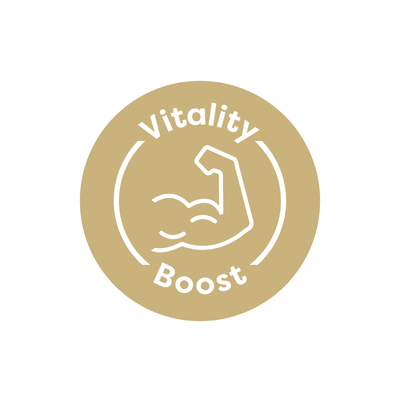 Gold circular logo with 'Vitality Boost' text and flexed arm symbol on a white background