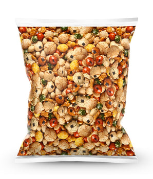 A bag of adenishiki, Japanese mixed dried crisps and nuts on a white background