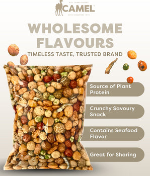 Delicious Japanese mix snack with product benefits on a light background